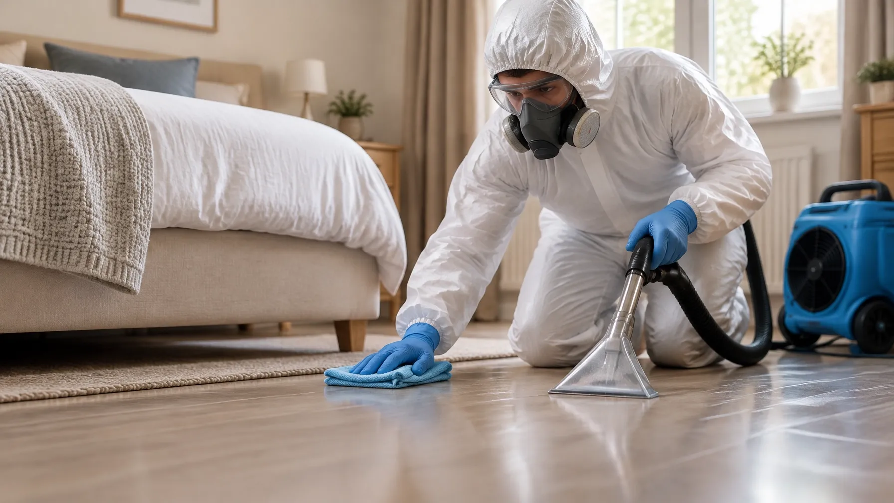 Specialist carefully cleaning the floor beside a bed
