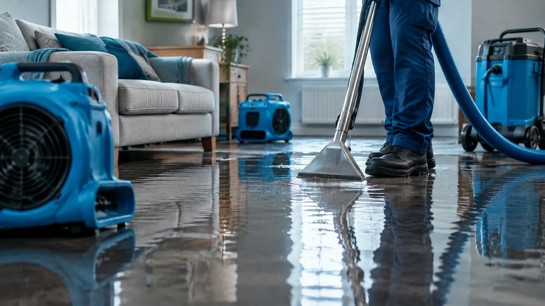 Water extraction and drying equipment in a flooded living room