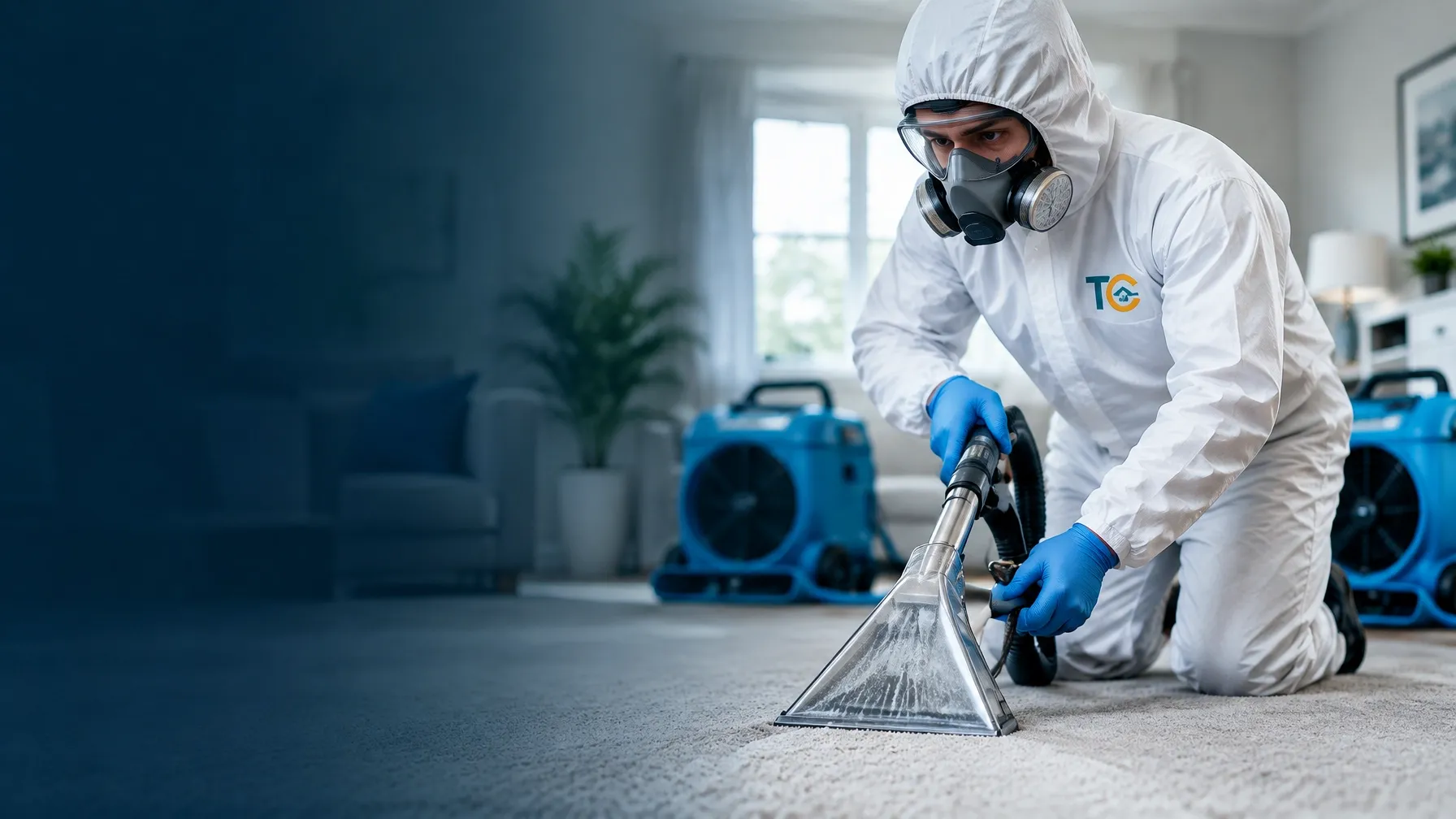 TrustedCare specialist in protective equipment carrying out careful property restoration work